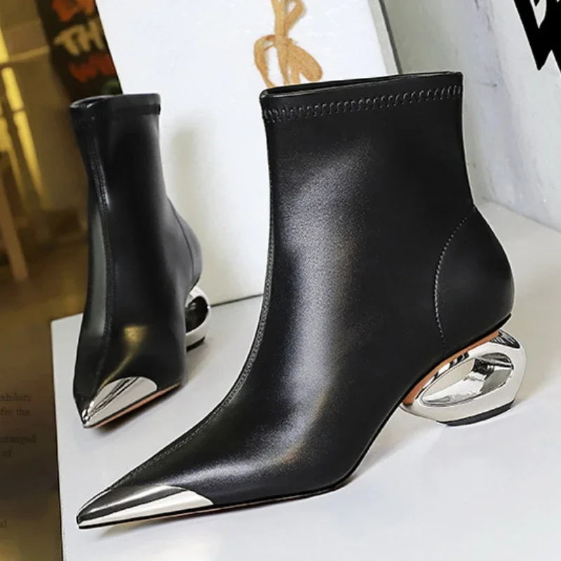 Metal Pointed Toes Ankle  Boots With Hollow Heel Iron Head