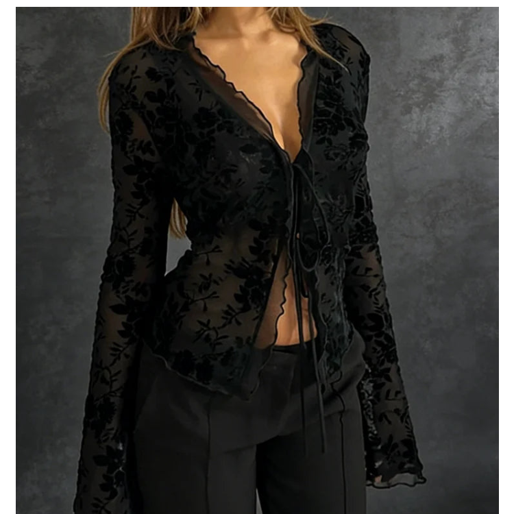 Women’s Fashionable Chiffon Slim Fit Ruffle Trumpet Sleeve Shirt