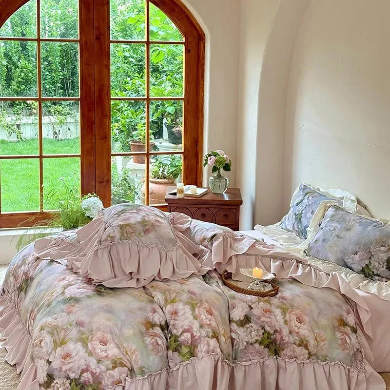 Luxurious  Chic Vintage Rose French Ruffle Fringe Bedding Set 100% Cotton