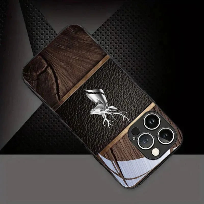 Tempered Glass Deer Head Case for iPhone – Curved Luxury Black Phone Cover