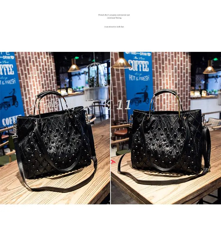 Soft Black Genuine Leather Rivet Large Handbag