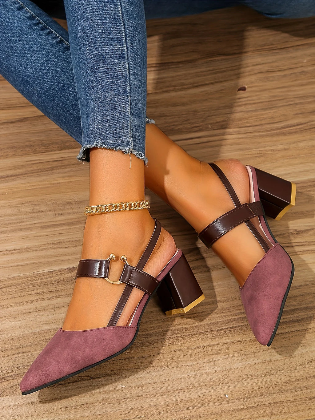 Two-Color Pointed Toe Block Sandals