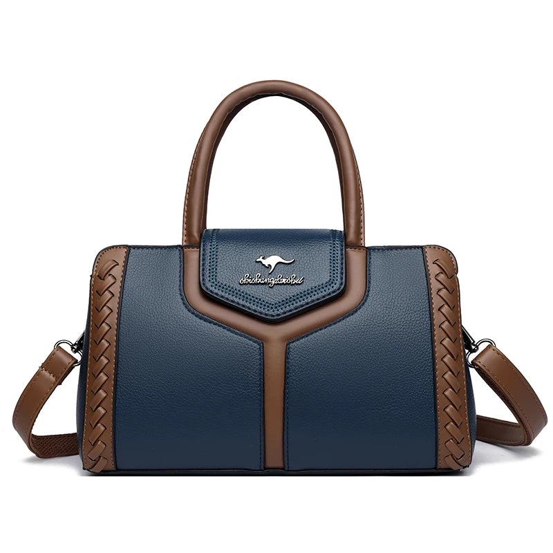 Two Color Genuine Soft Leather 3-layer Top-Handle Bag
