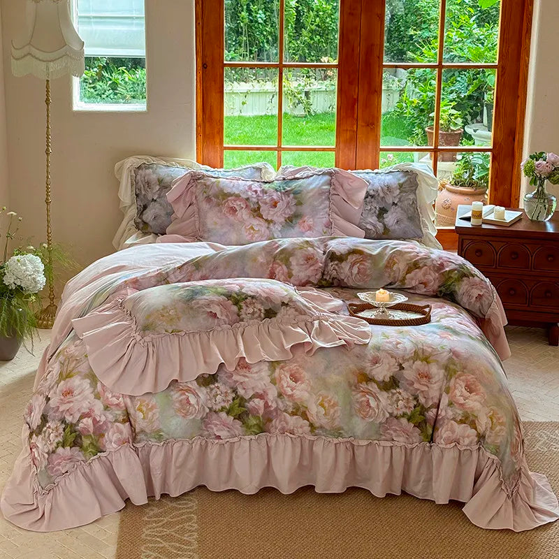 Luxurious  Chic Vintage Rose French Ruffle Fringe Bedding Set 100% Cotton