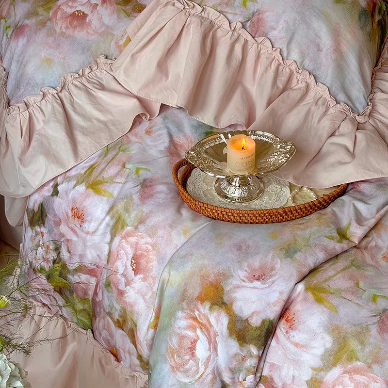 Luxurious  Chic Vintage Rose French Ruffle Fringe Bedding Set 100% Cotton
