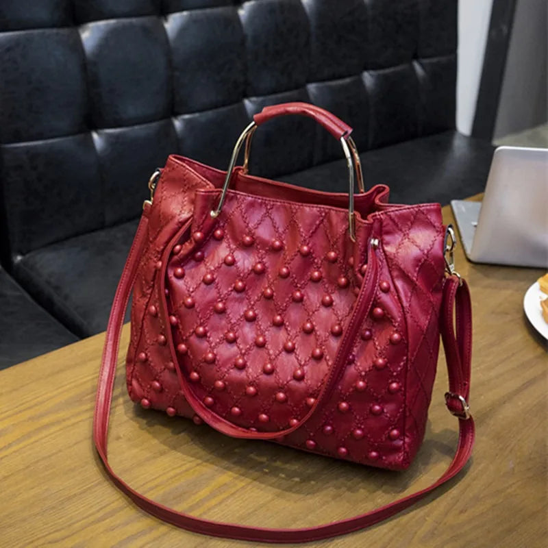 Soft Black Genuine Leather Rivet Large Handbag