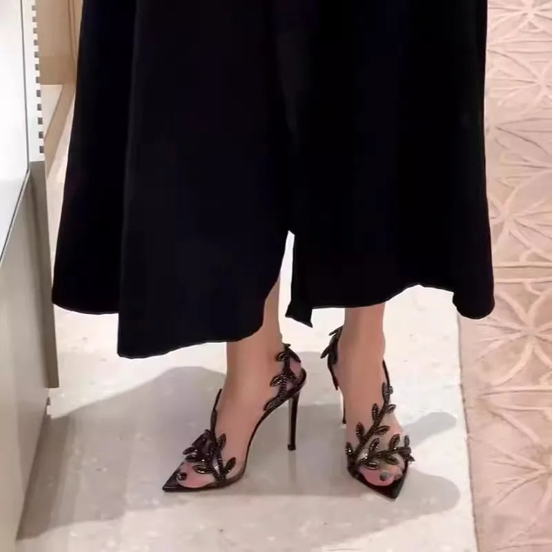 Summer Crystal Rhinestone Leaf High Heels Sandals