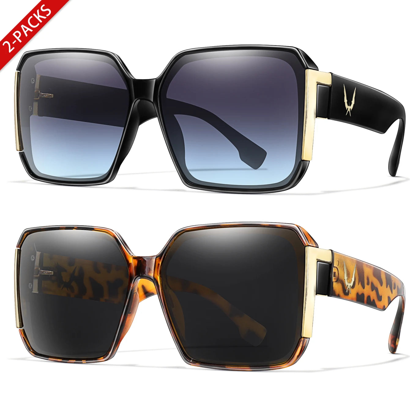 Elegant 2 Packs Unisex Square Sunglasses With UV Protection