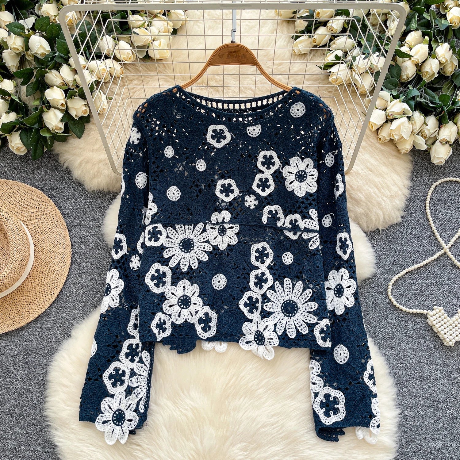 Elegant Hollow Floral Knit Pullover