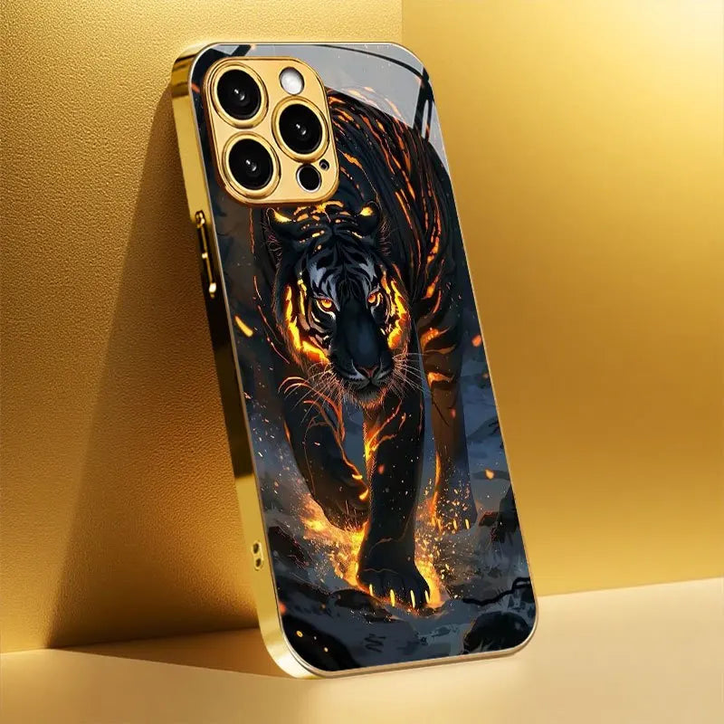 Electroplated Gold Glass Black Panther Phone Case for iPhone
