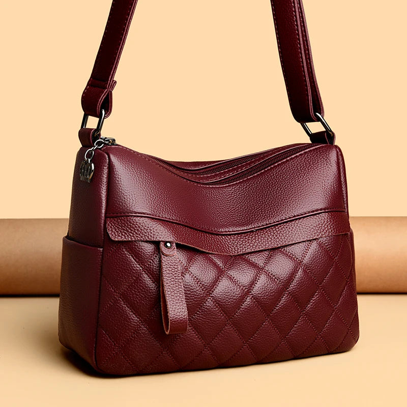Checker Style Genuine Soft Leather Shoulder Bag