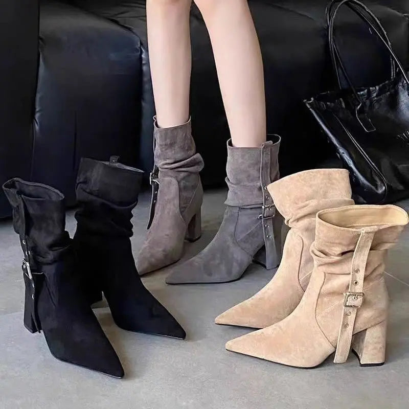 Pointed Toe Suede Buckle Ankle Boots