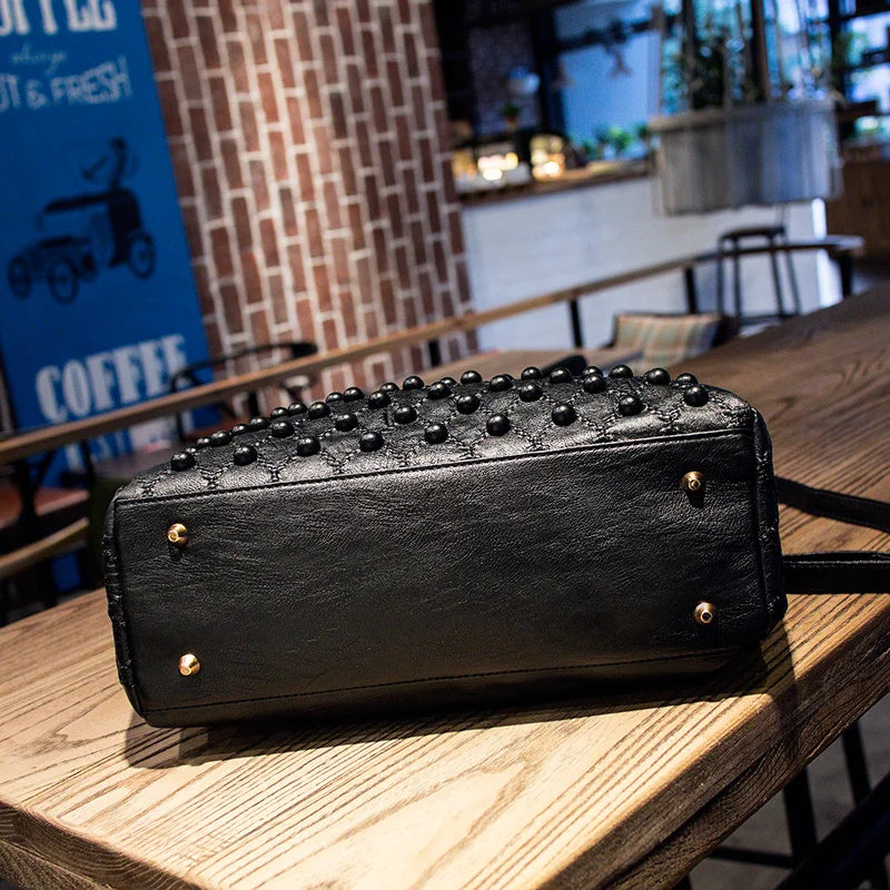 Soft Black Genuine Leather Rivet Large Handbag