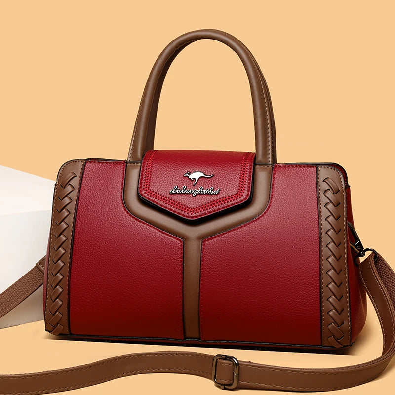 Two Color Genuine Soft Leather 3-layer Top-Handle Bag