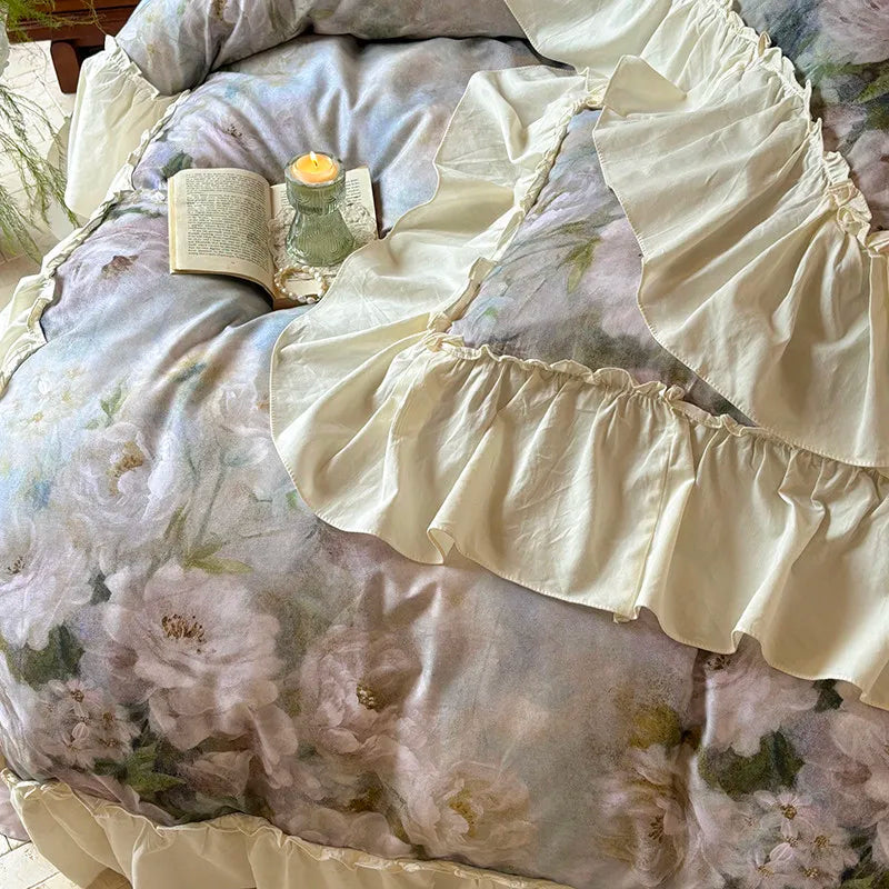 Luxurious  Chic Vintage Rose French Ruffle Fringe Bedding Set 100% Cotton