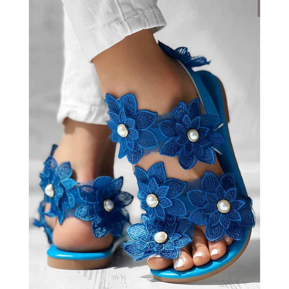 Beautiful Summer Ring Flower Flat Sandals