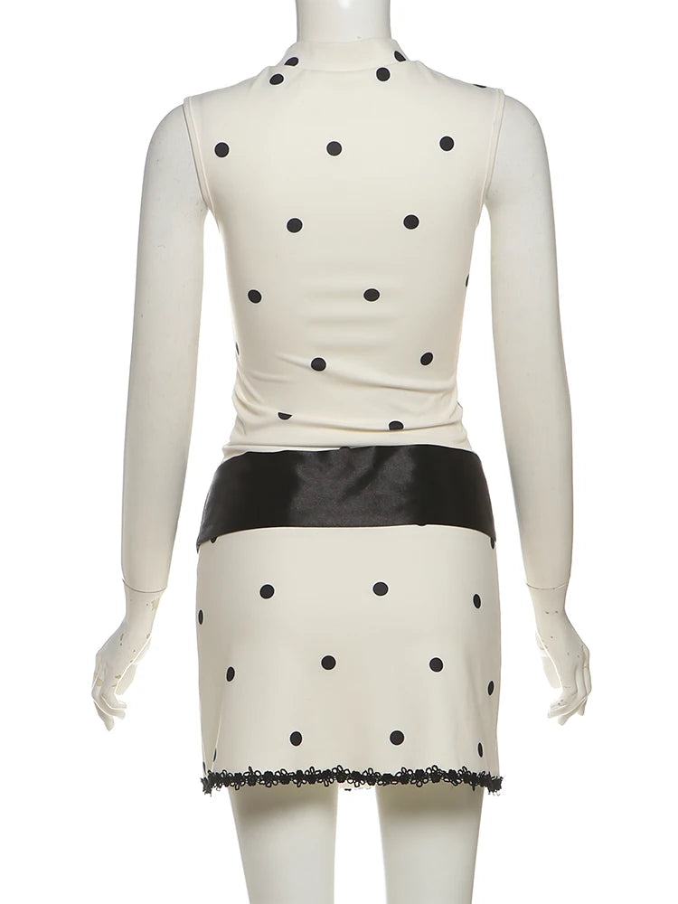 Chic Polka Dot Bodycon Dress Sleeveless Lace Bow