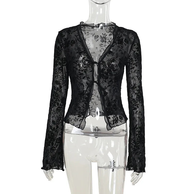 Women’s Fashionable Chiffon Slim Fit Ruffle Trumpet Sleeve Shirt
