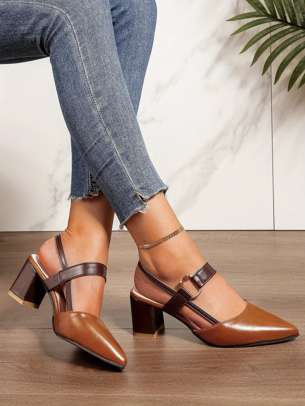 Two-Color Pointed Toe Block Sandals