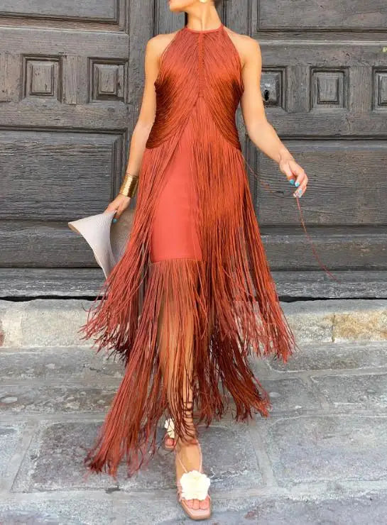 Women 2026 Spring Summer Solid Color Halter Tassel Long Dress