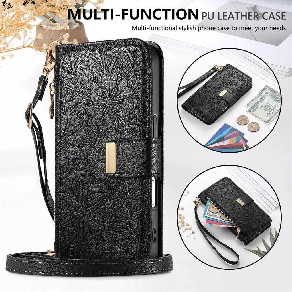 Leather Zipper Wallet Crossbody iPhone Case