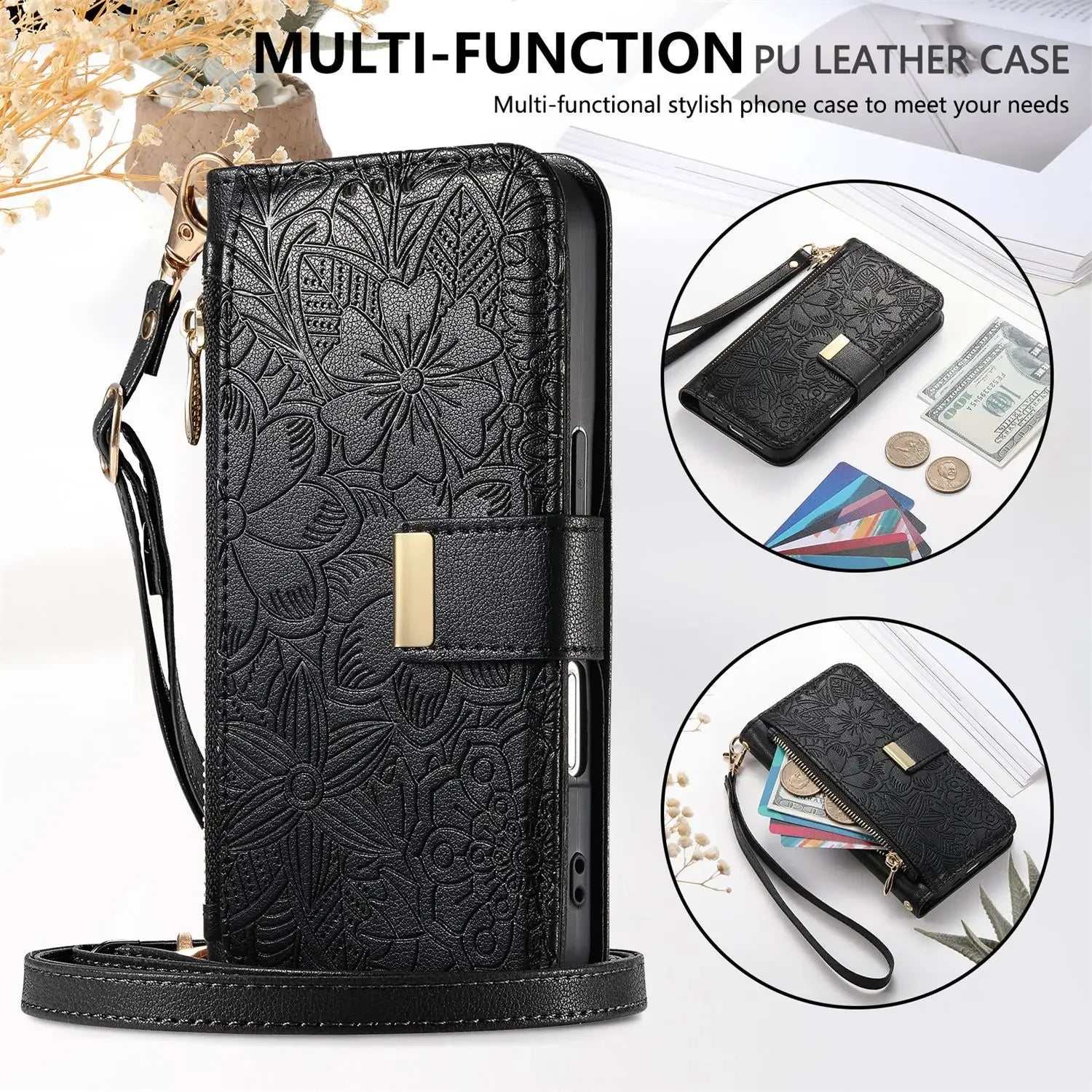 Leather Zipper Wallet Crossbody iPhone Case
