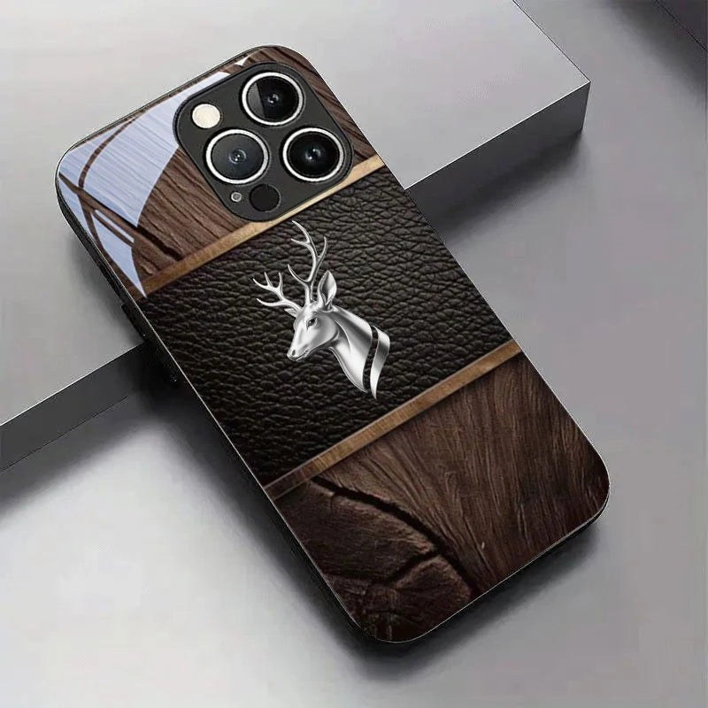 Tempered Glass Deer Head Case for iPhone – Curved Luxury Black Phone Cover