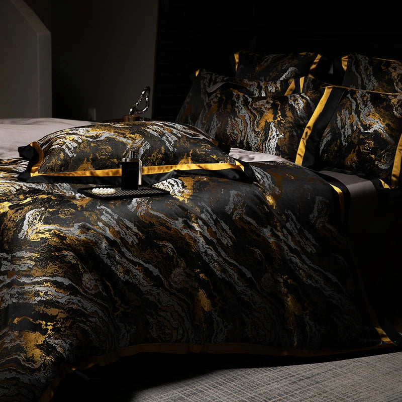 Luxury Black Gold Satin Jacquard Bedding Set 1000TC Cotton