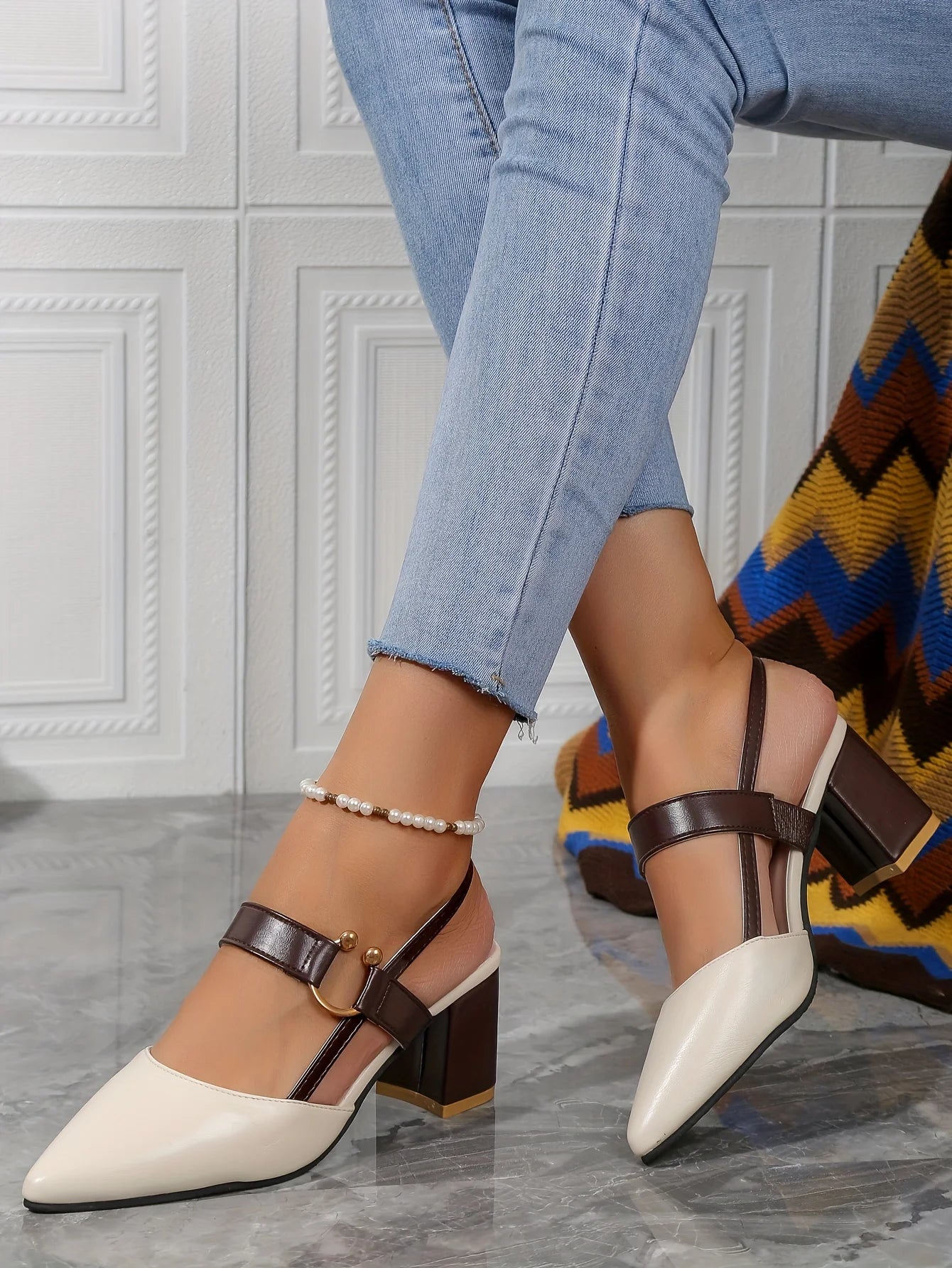 Two-Color Pointed Toe Block Sandals