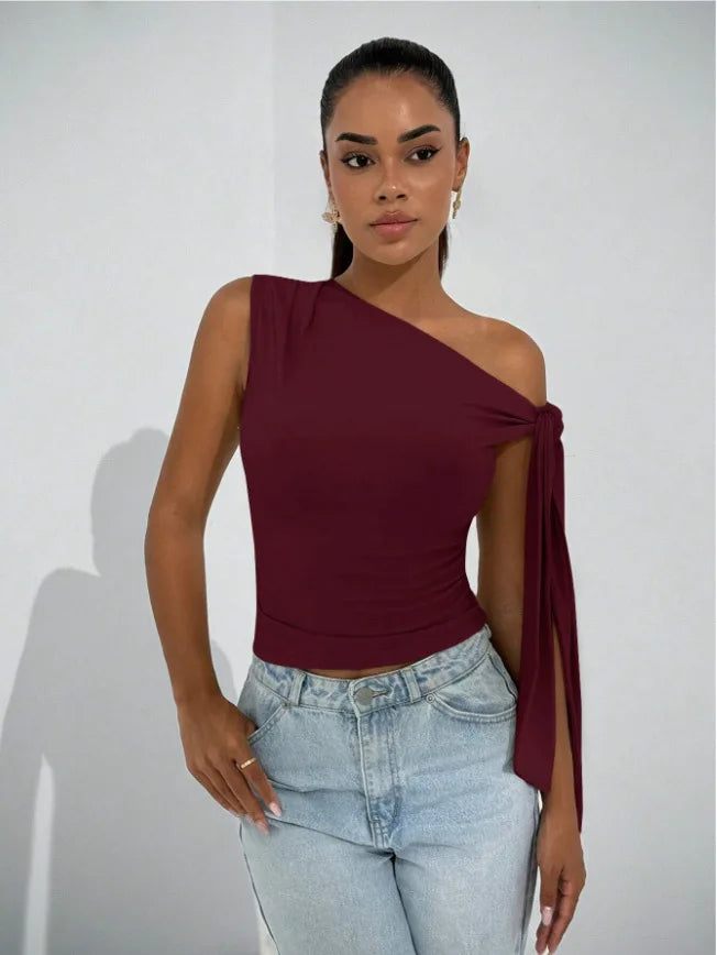 Women’s Elegant Sleeveless Slim Fit Top with Knot Necktie