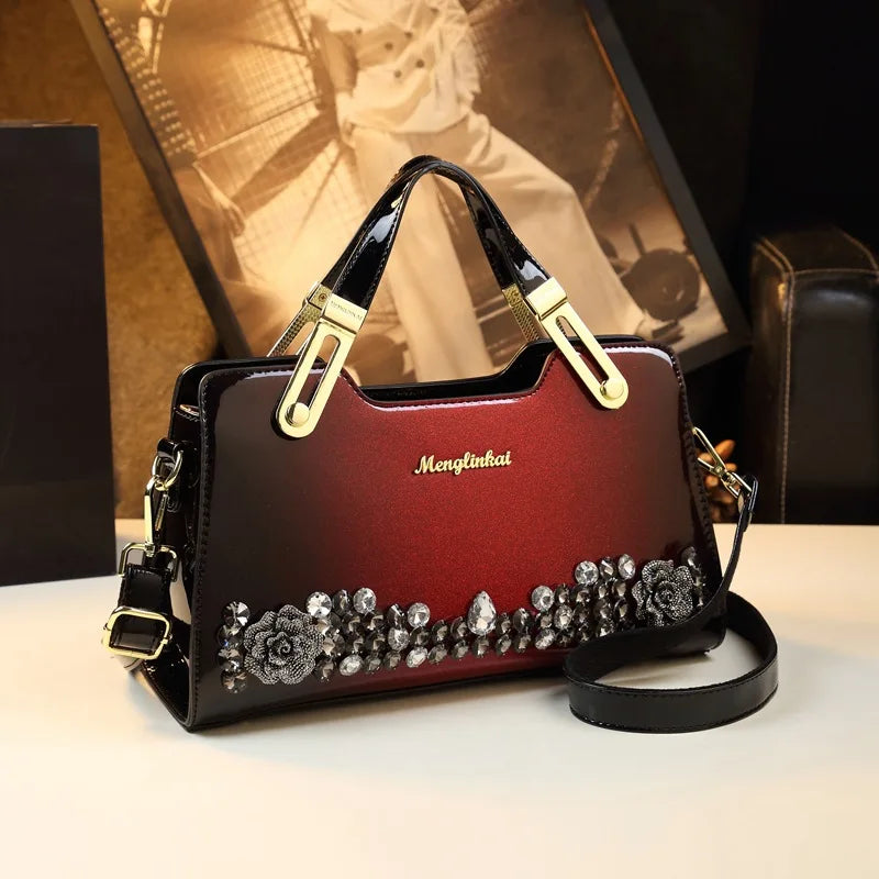 Genuine Leather Diamonds Shoulder Handbag