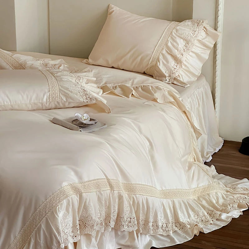 Elegant French Lace Ruffle Bedding Set 100% Cotton