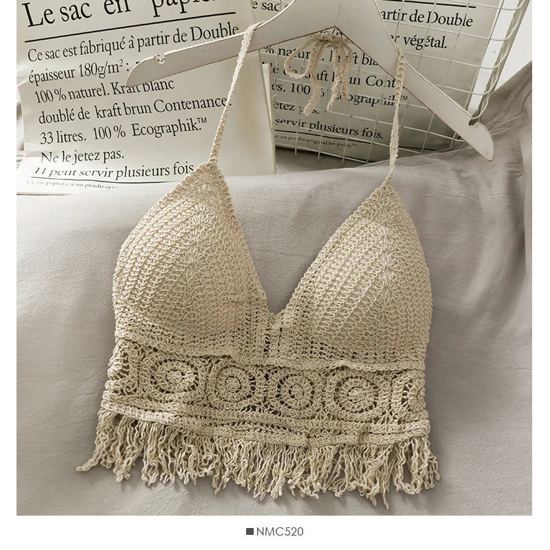 Retro Hollow Tassel Spaghetti Strap Crop Top