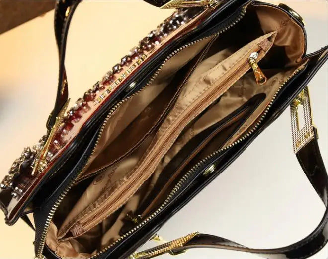 Genuine Leather Diamonds Shoulder Handbag