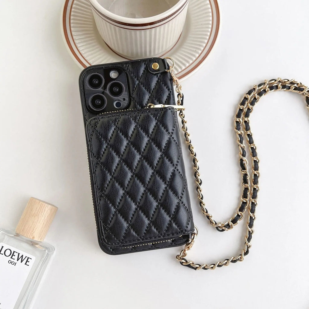 iPhone Crossbody Leather Case with Lanyard Strap – Wallet Card Holder Chain Phone Cover