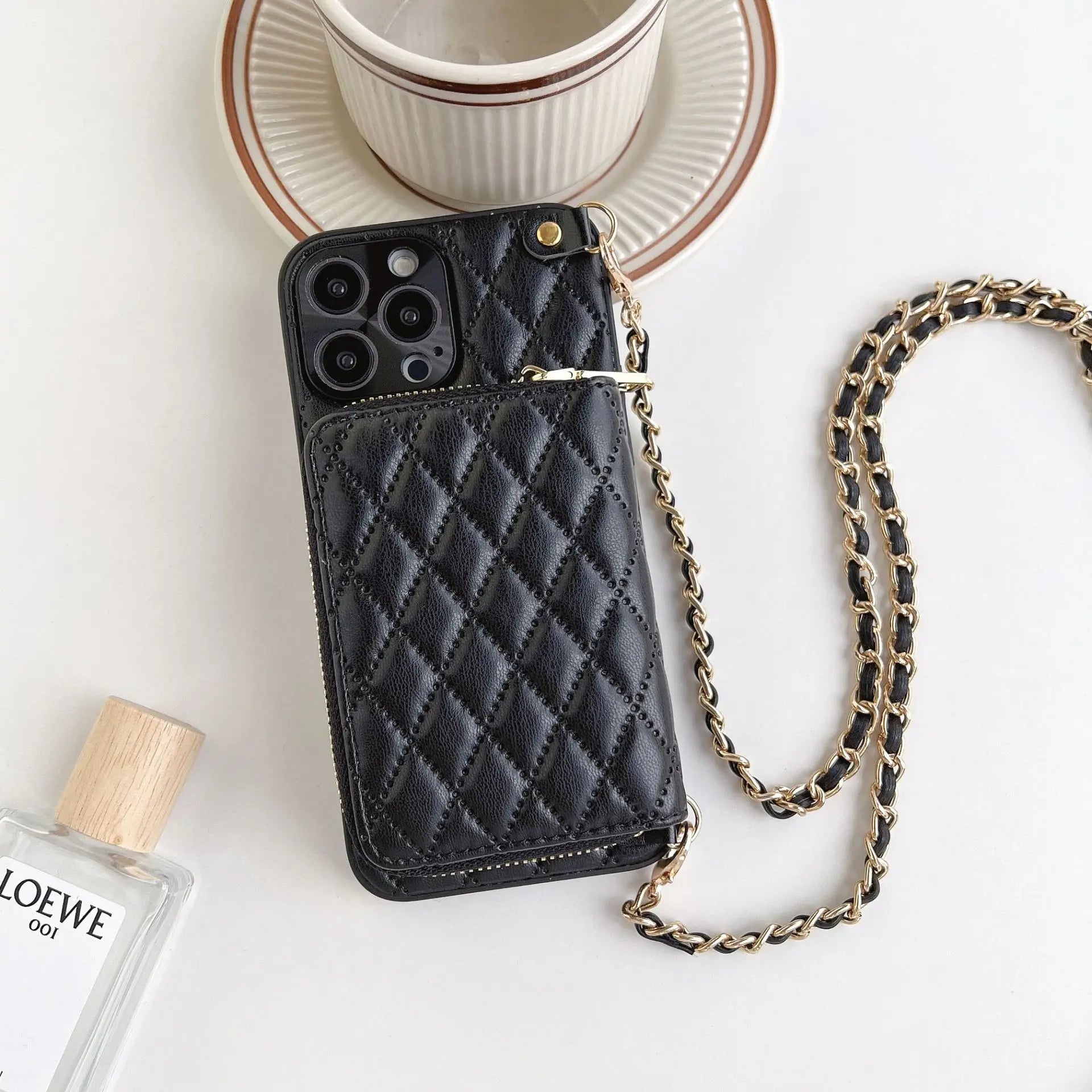 iPhone Crossbody Leather Case with Lanyard Strap – Wallet Card Holder Chain Phone Cover