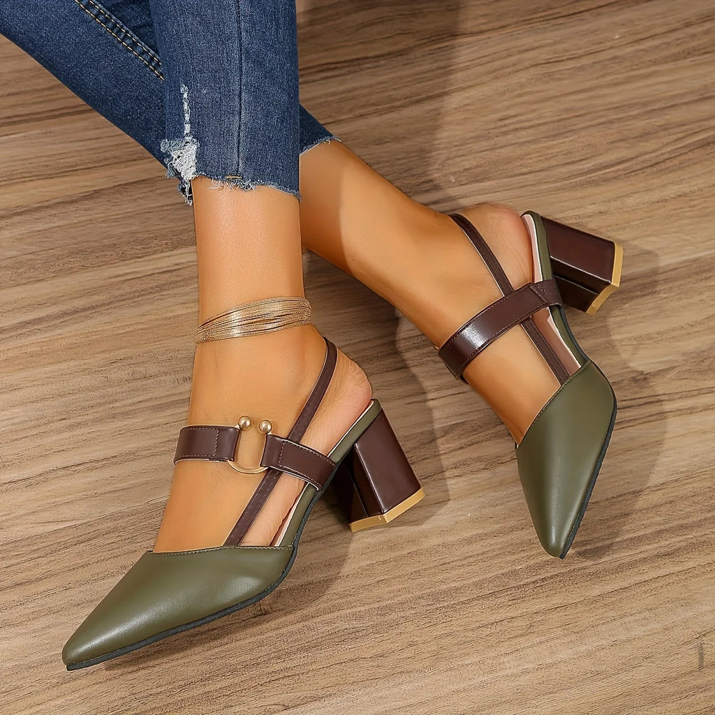 Two-Color Pointed Toe Block Sandals