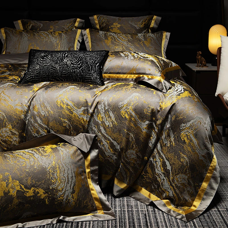 Luxury Black Gold Satin Jacquard Bedding Set 1000TC Cotton
