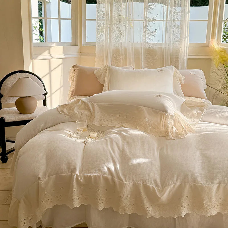 Elegant Wide Lace Solid Bedding Set