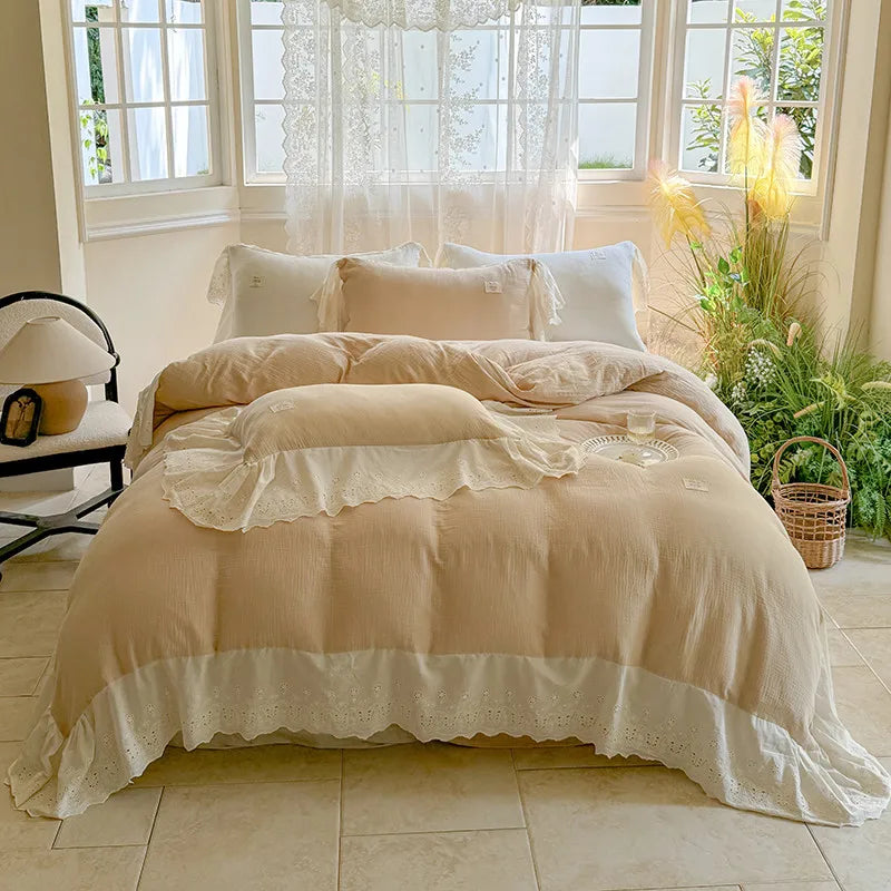 Elegant Wide Lace Solid Bedding Set