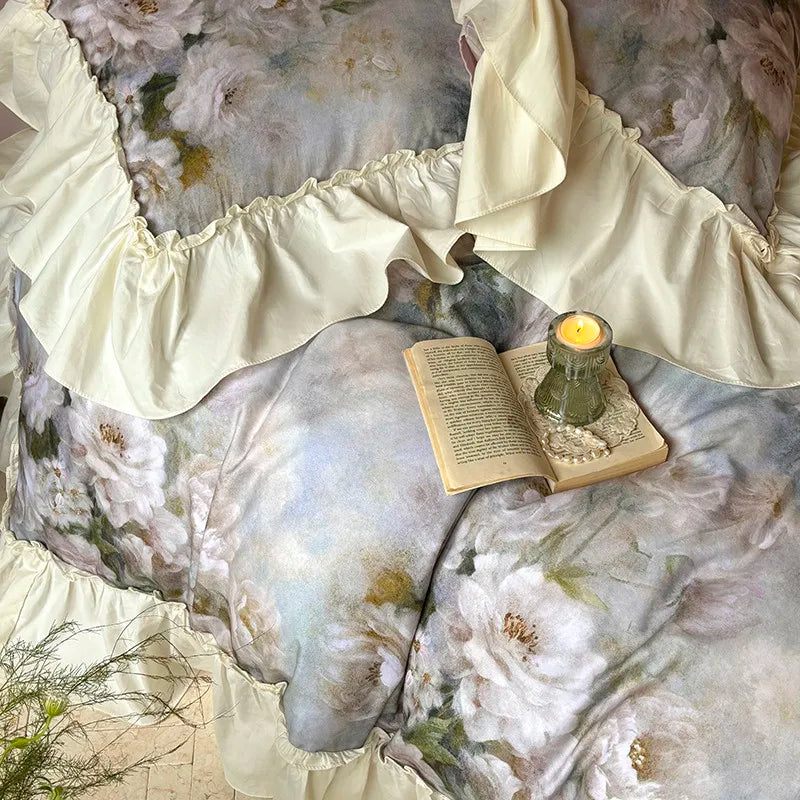 Luxurious  Chic Vintage Rose French Ruffle Fringe Bedding Set 100% Cotton