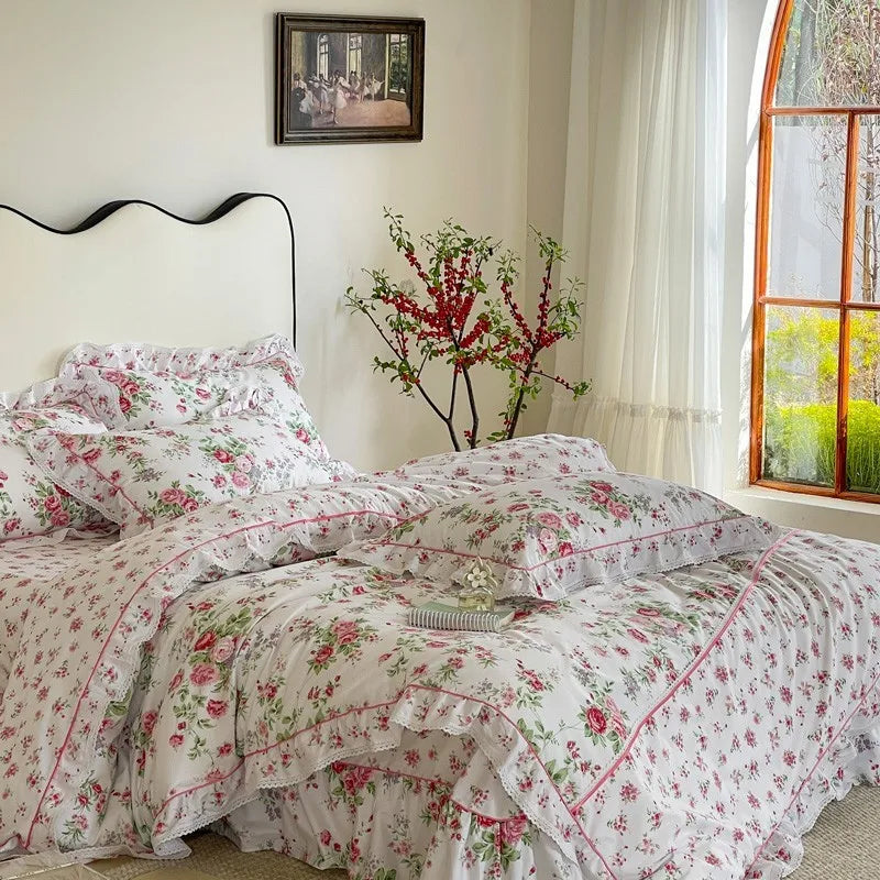 Elegant Ruffle Elegant Vintage Floral Bedding Set 100% Cotton