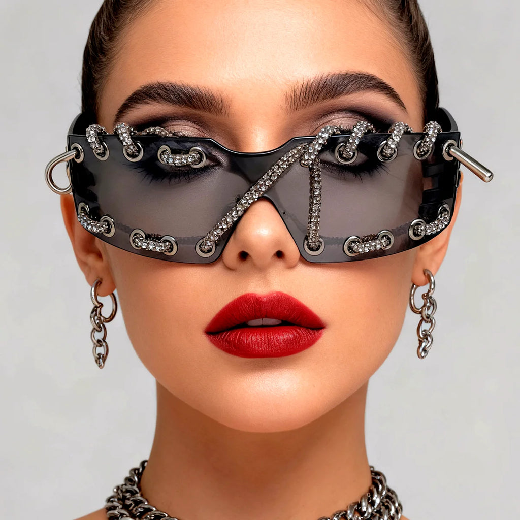 Frameless Crystal Chain One-Piece Sunglasses