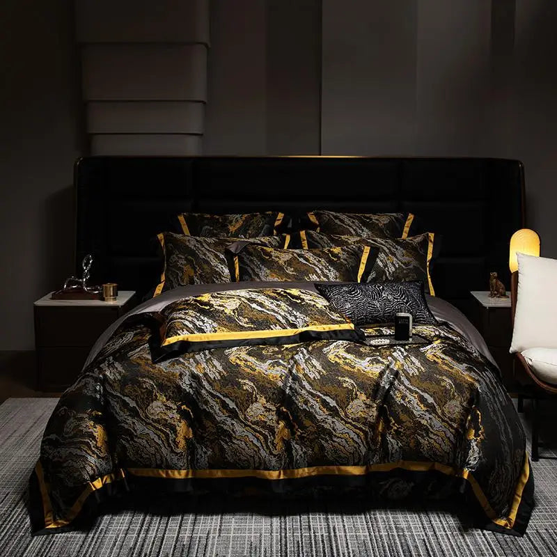 Luxury Black Gold Satin Jacquard Bedding Set 1000TC Cotton