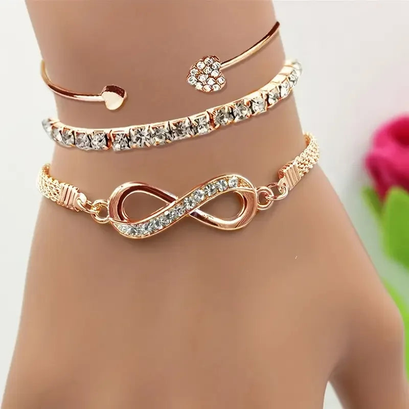 3pcs/Set Vintage Crystal Rhinestone Heart Bracelets