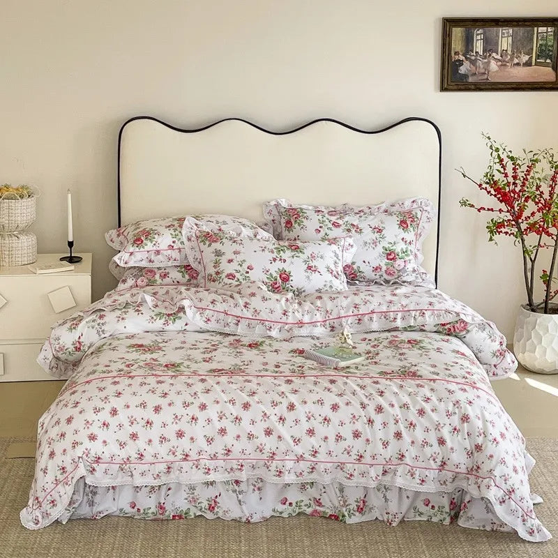 Elegant Ruffle Elegant Vintage Floral Bedding Set 100% Cotton