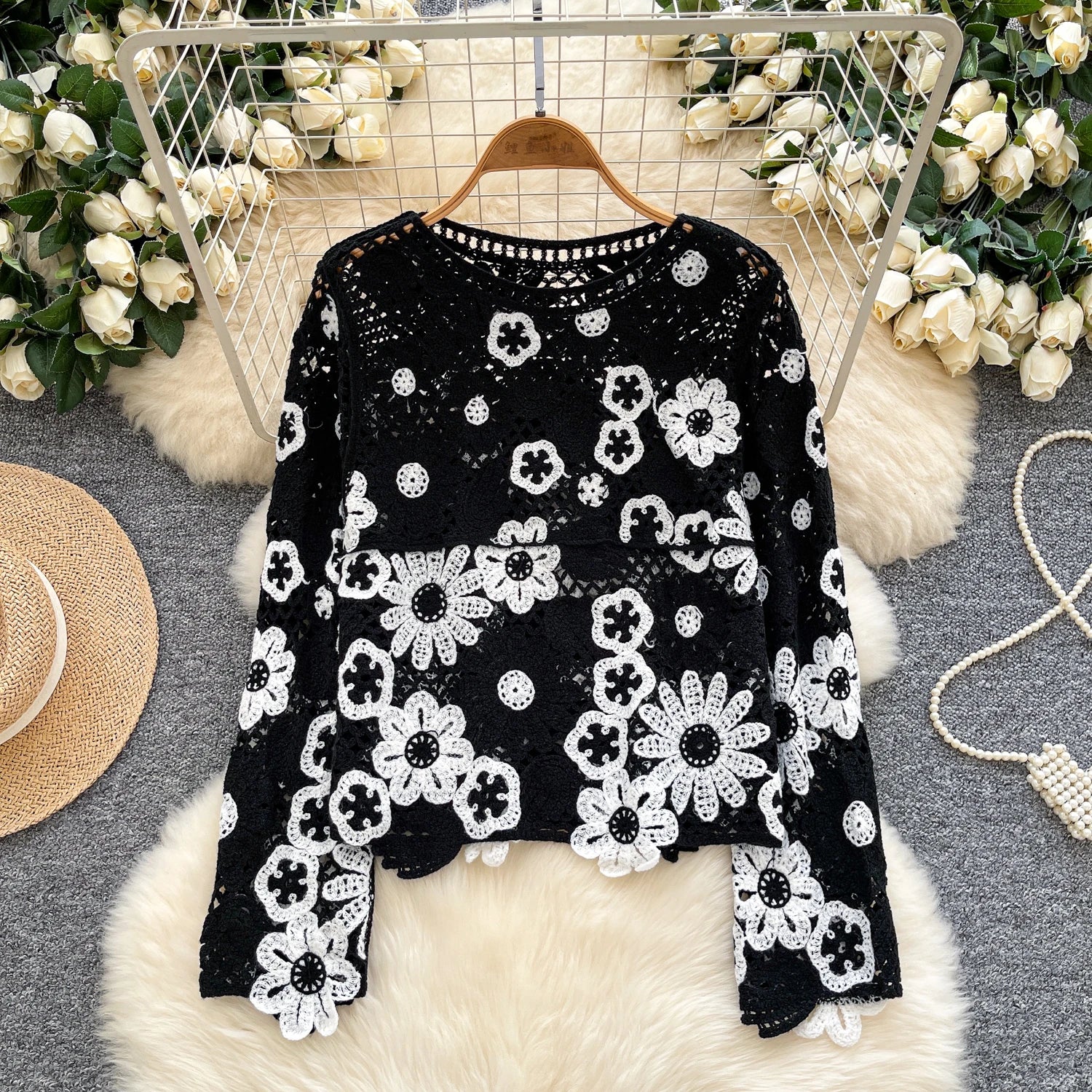 Elegant Hollow Floral Knit Pullover