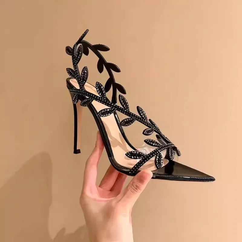 Summer Crystal Rhinestone Leaf High Heels Sandals