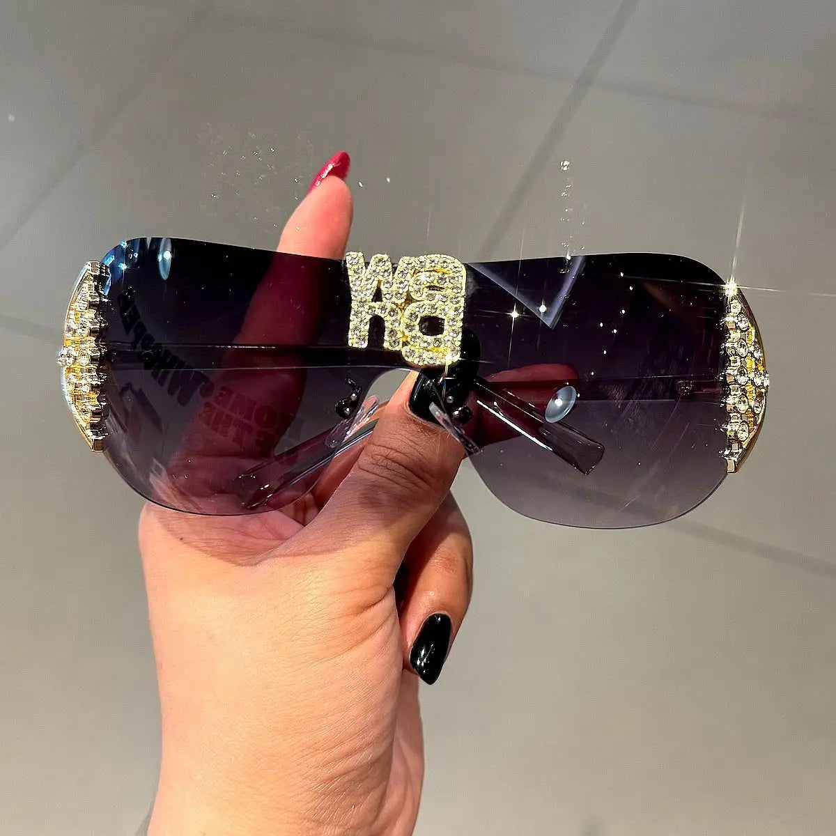 Rimless Women's Sunglasses with Rhinestone Letters
