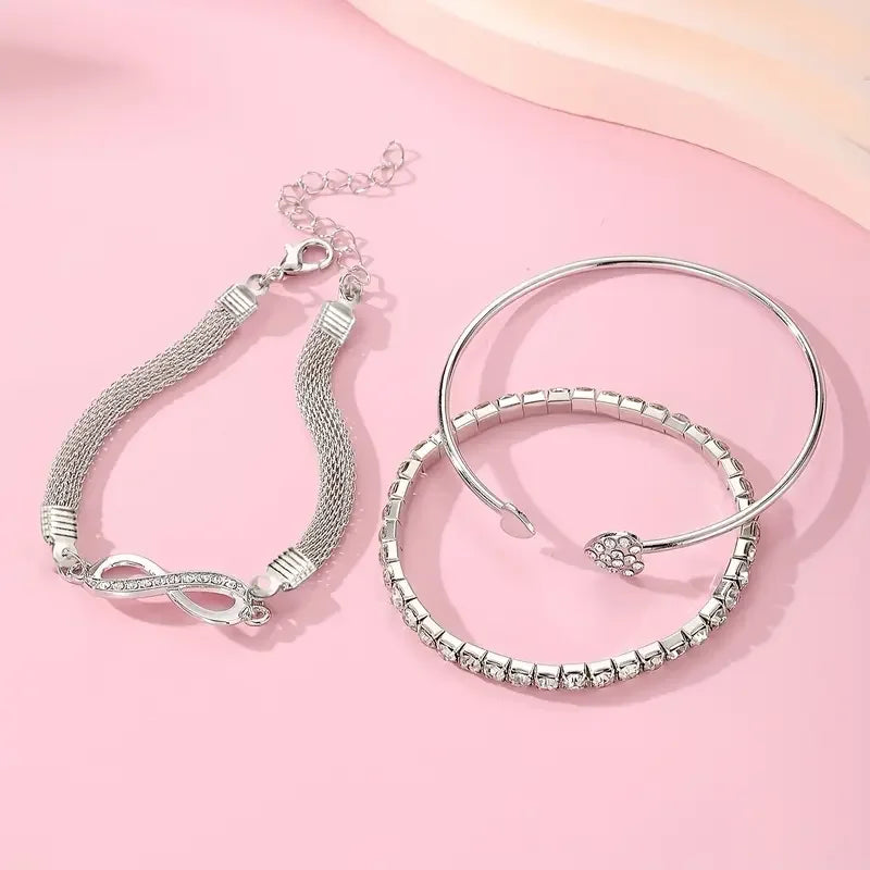 3pcs/Set Vintage Crystal Rhinestone Heart Bracelets